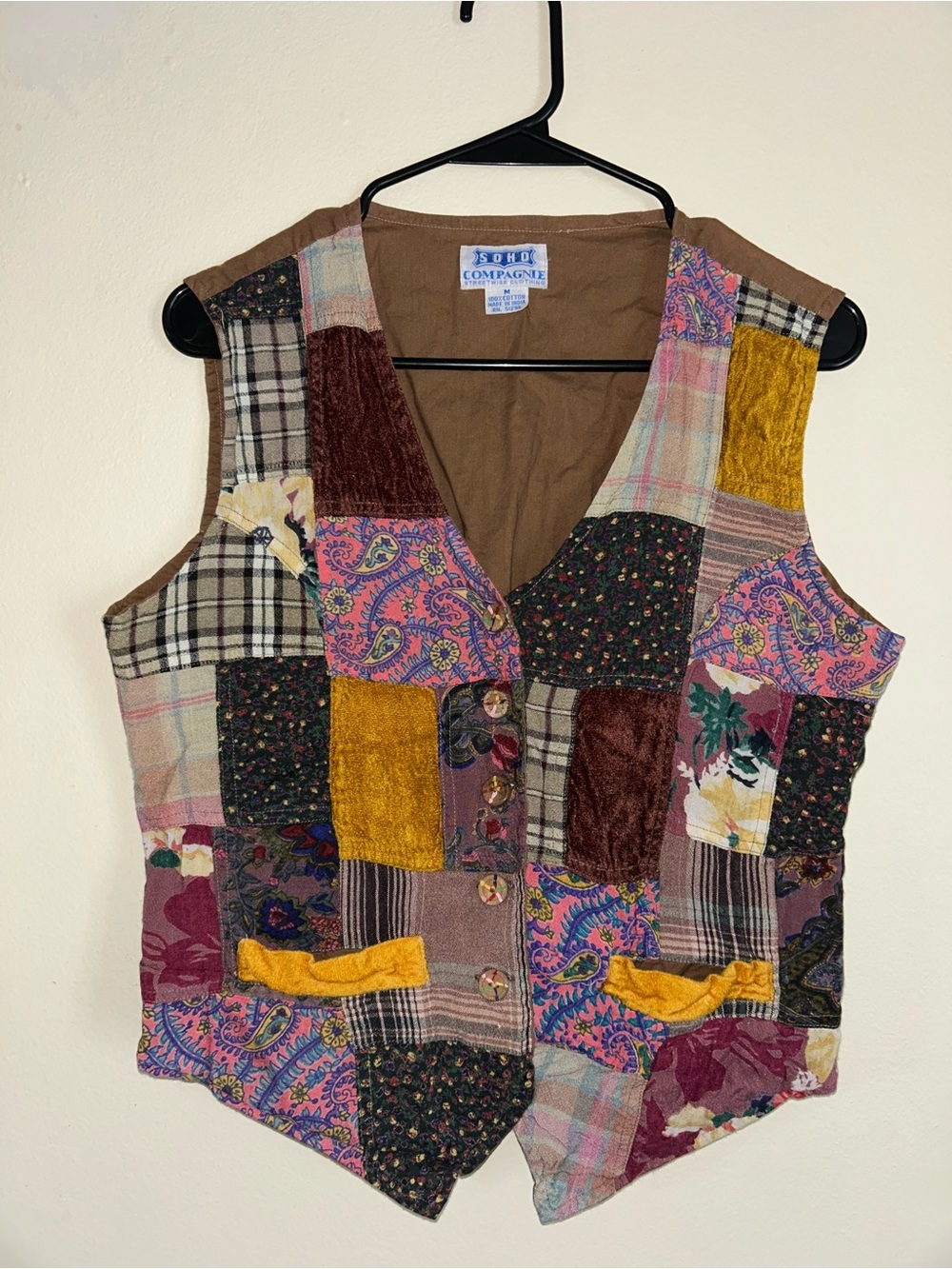 SOHO Womens Multicolor Patchwork Velvet Vest - Brown/Mustard/Pink
